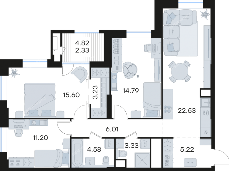 трёхкомнатная квартира на  ул. Гаршина, д. 40, к1.1.5