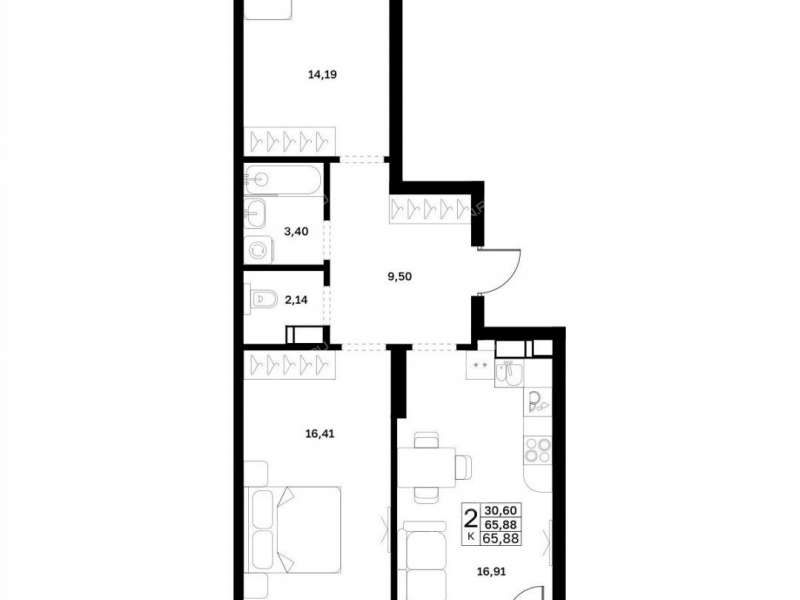 двухкомнатная квартира в новостройке в границах улиц Страж Революции, Гвардейцев, 50-летия Победы, Евгения Никонова, 17